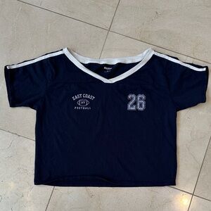 Hollister Navy and White graphic cropped Football Jersey XS